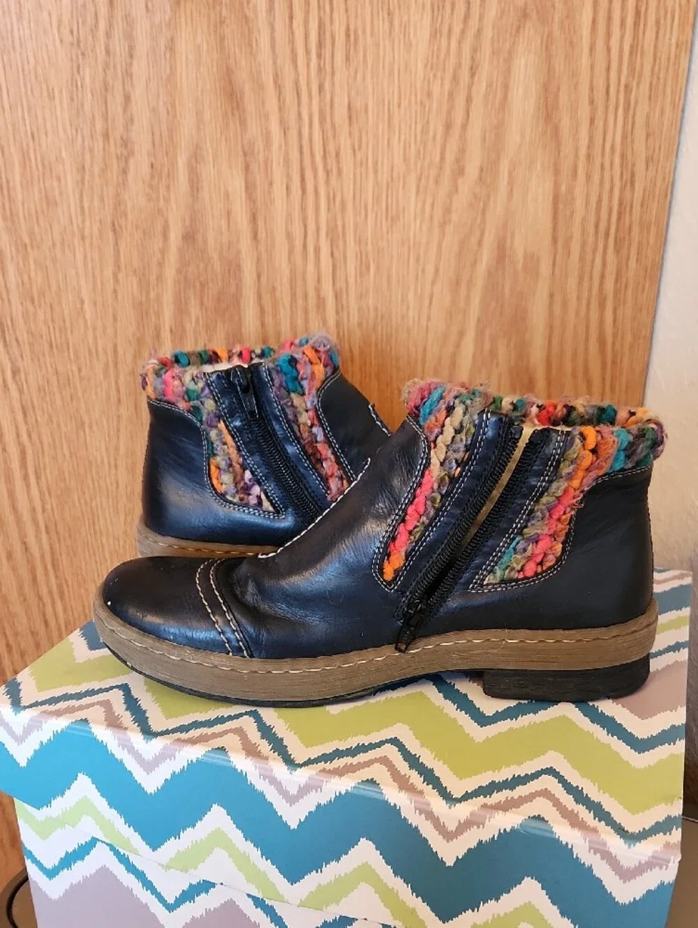 Rieker Navy Leather Ankle Boots with Multicolor Knit Cuff